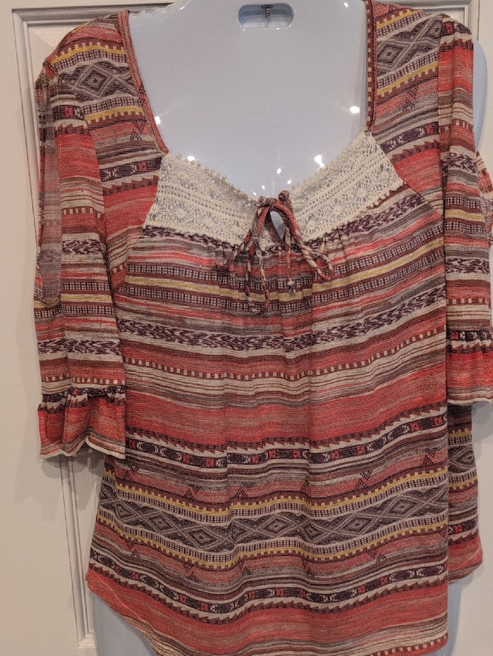 Boho Stripe Crochet-Trim Peasant Top - Coral